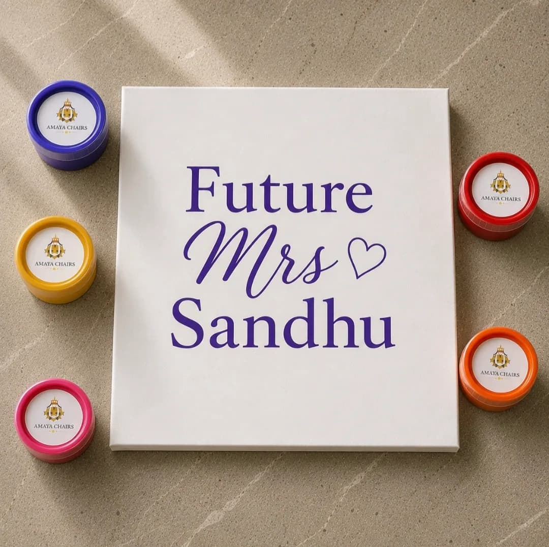 A Maiyan board reading “Future Mrs Sandhu” in deep blue lettering, surrounded by pots of rangoli colour.