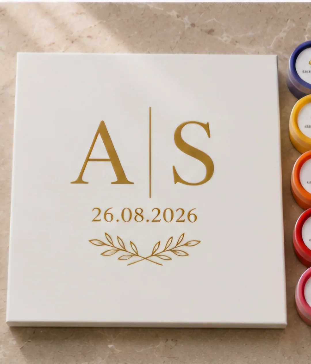A Maiyan board with a gold “A | S” monogram and the ceremony date beneath it, laid on stone with rangoli colours.