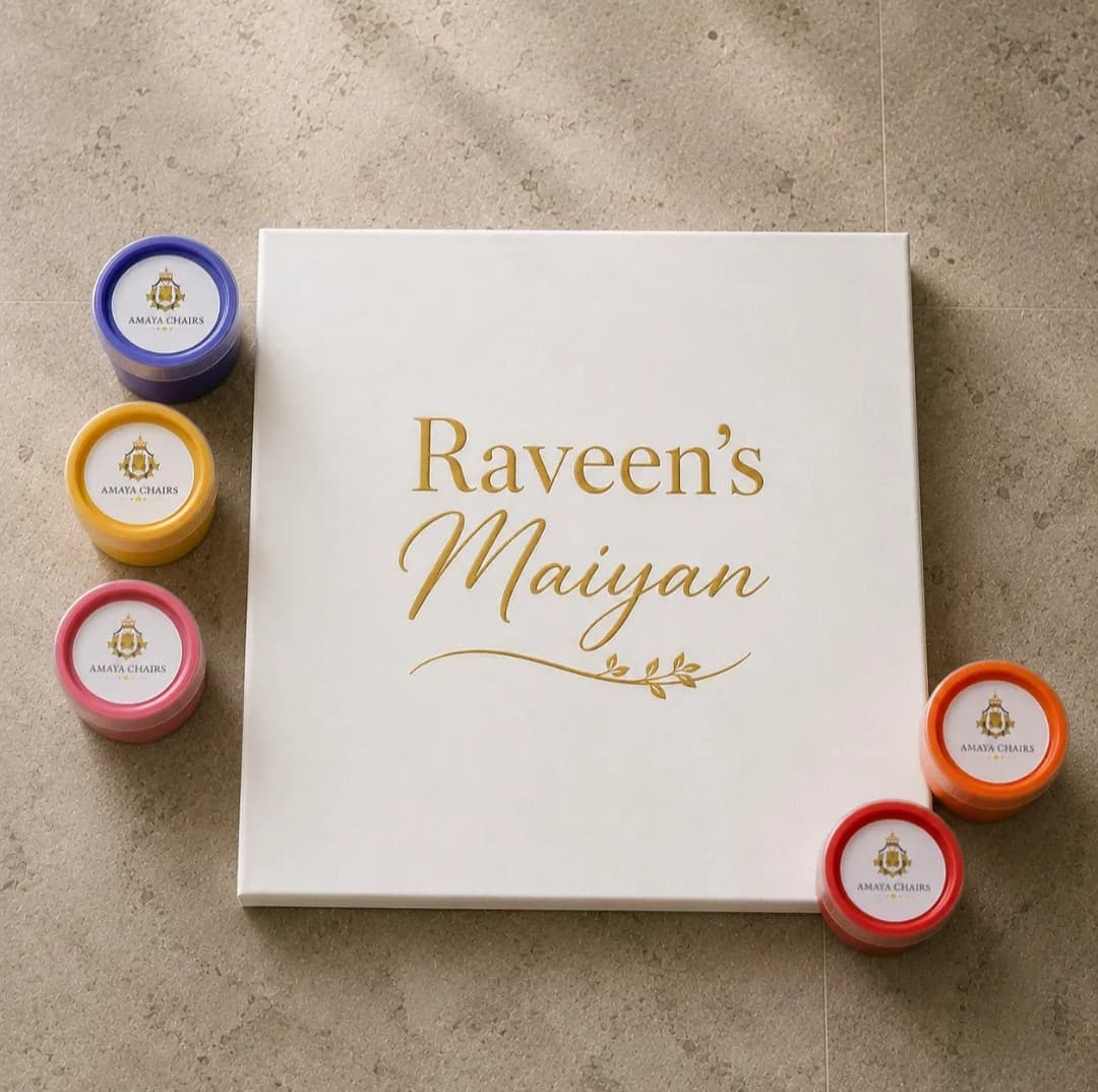 A personalised Maiyan board reading “Raveen’s Maiyan” in gold script with a small leaf flourish, beside pots of rangoli colour.