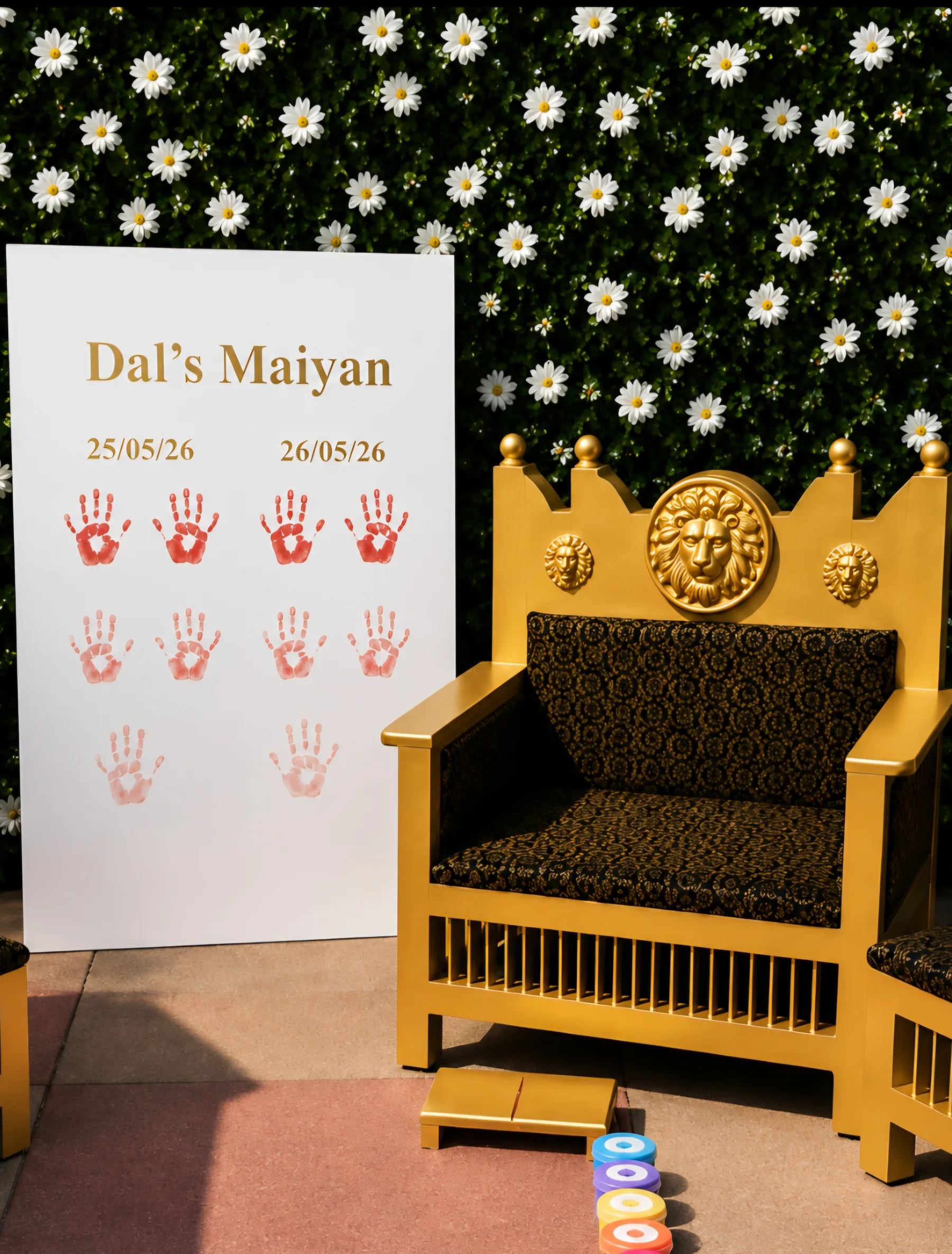 The Majestic Lion head chair beside a personalised handprint board reading “Dal’s Maiyan” at a real ceremony.