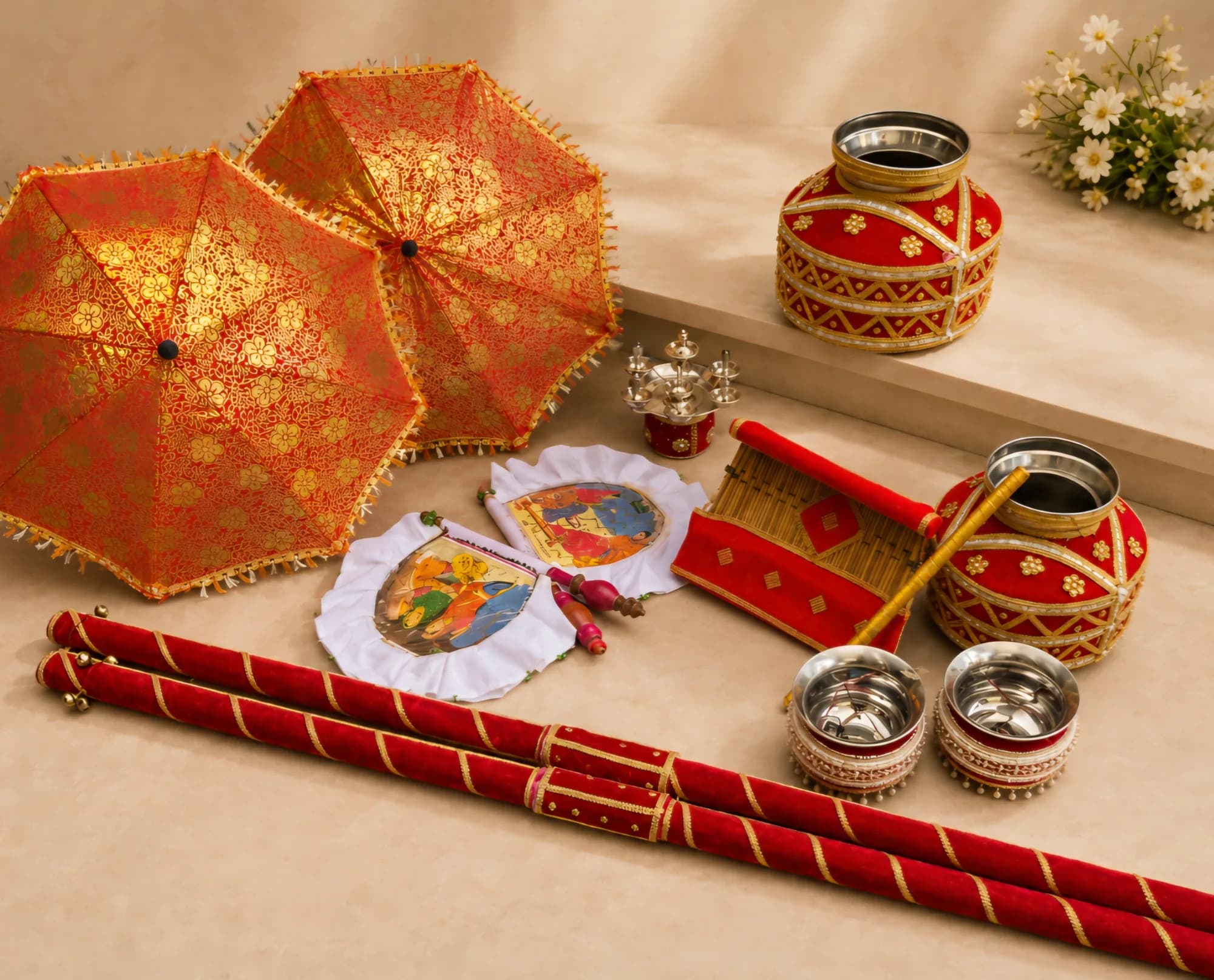 Jaggo pieces laid out on a stone surface: two gold-embroidered phulkari umbrellas, a red and gold decorated gaggar, wrapped sticks and small brass pots.