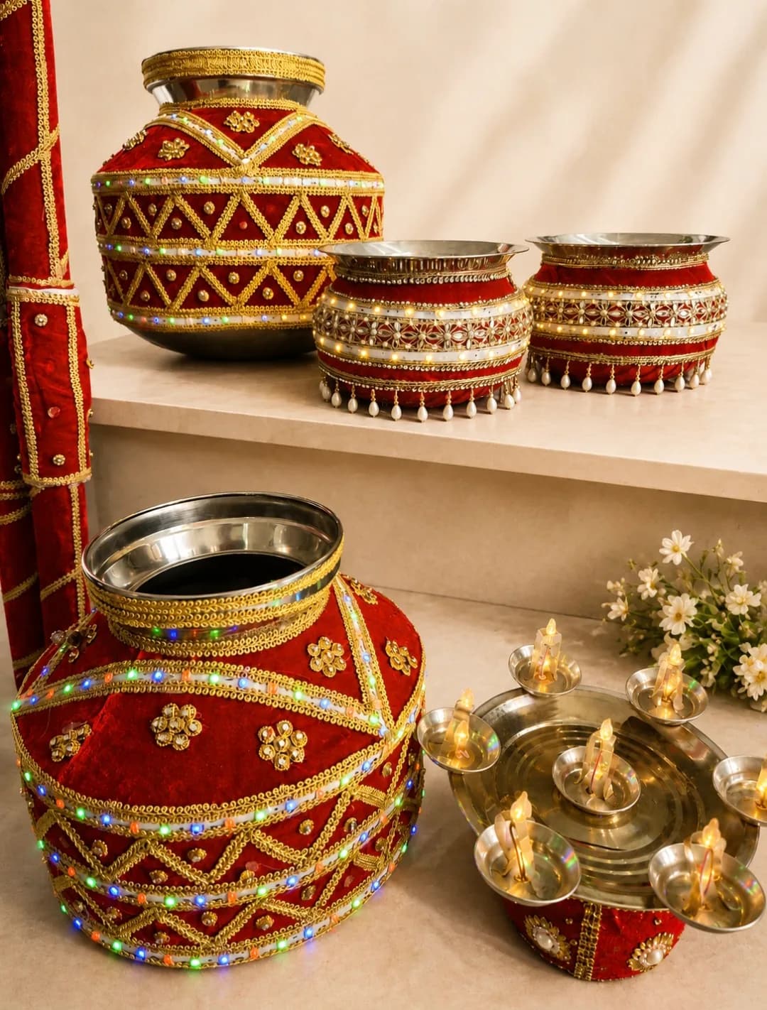 A red and gold decorated gaggar lit with small lamps around its rim, beside matching brass pots and a lit diya stand.